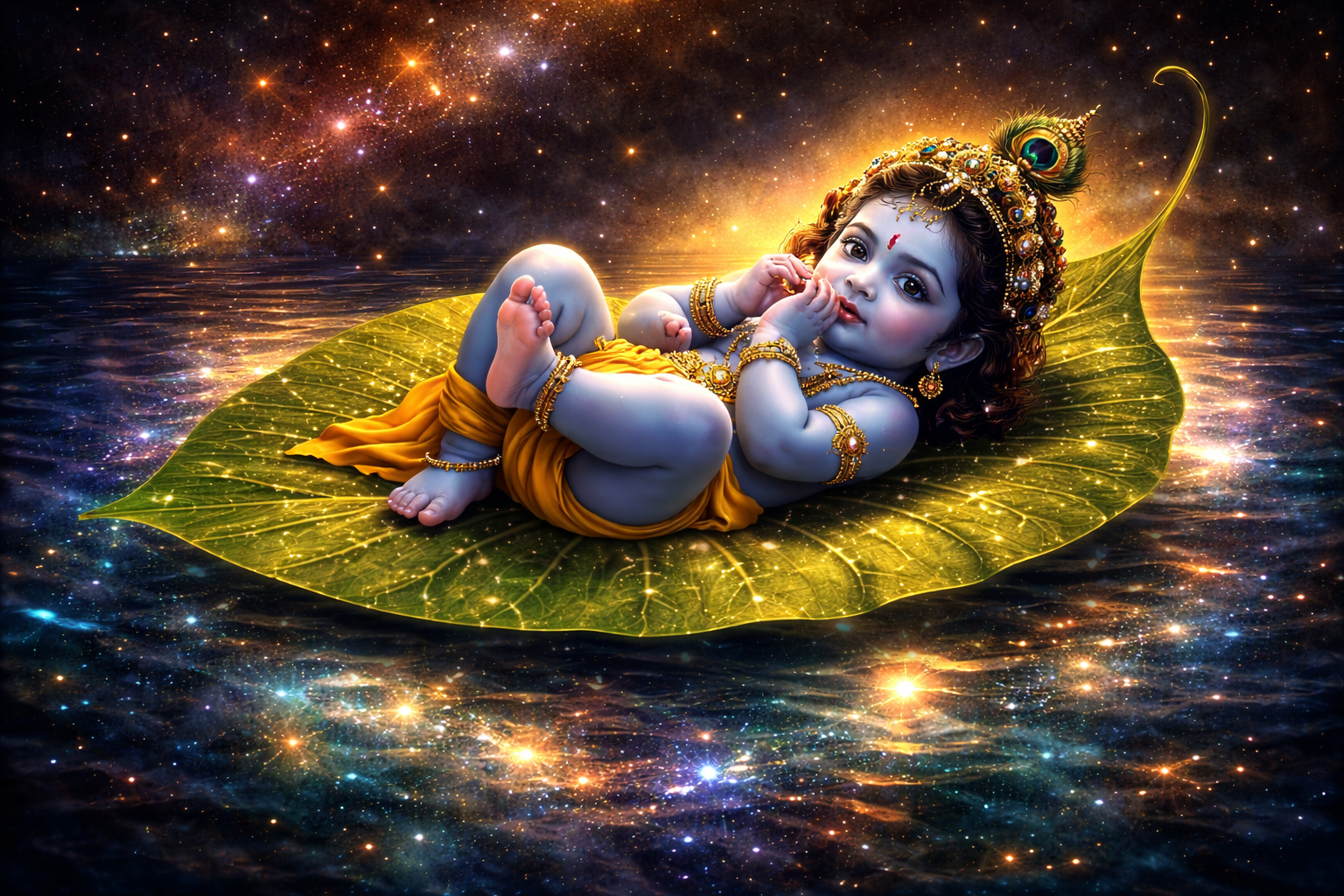 Baby Krishna on Peepal Leaf -- Cosmic Ocean HD Wallpaper